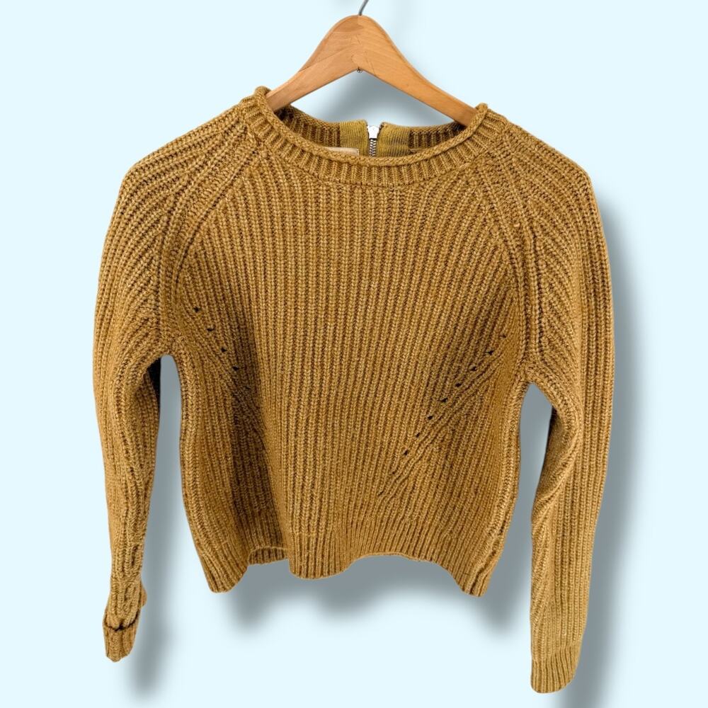 Anthropologie‎ Pepin Chunky Ribbed Knit Crop Sweater Back Zip Mustard Yellow S